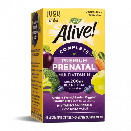 Мултивитамини за бременни премиум Алайв с растителна DHA - Alive! Complete Premium Prenatal Multivitamin, 60 софтгел капсули