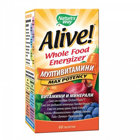 Мултивитамини максимум сила Алайв - Alive! Max Potency Whole Food Energizer, 60 таблетки