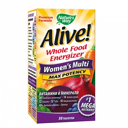 Мултивитамини за жени максимум сила Алайв - Alive! Women's Multi Max Potency Whole Food Energizer, 30 таблетки