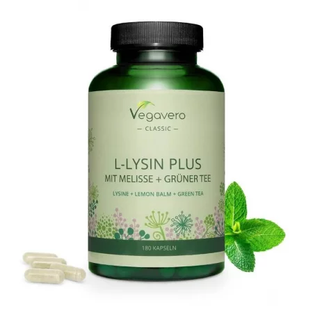 L-lysin plus mit melisse + grünter tee / Л-лизин + маточина и зелен чай, 180 капсули, 100% Vegan