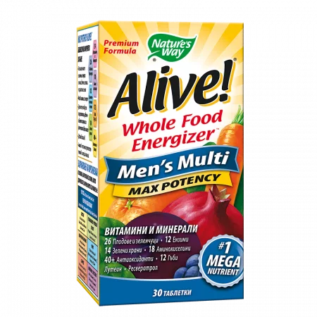 Мултивитамини за мъже максимум сила Алайв - Alive! Men's Multi Max Potency Whole Food Energizer, 30 таблетки